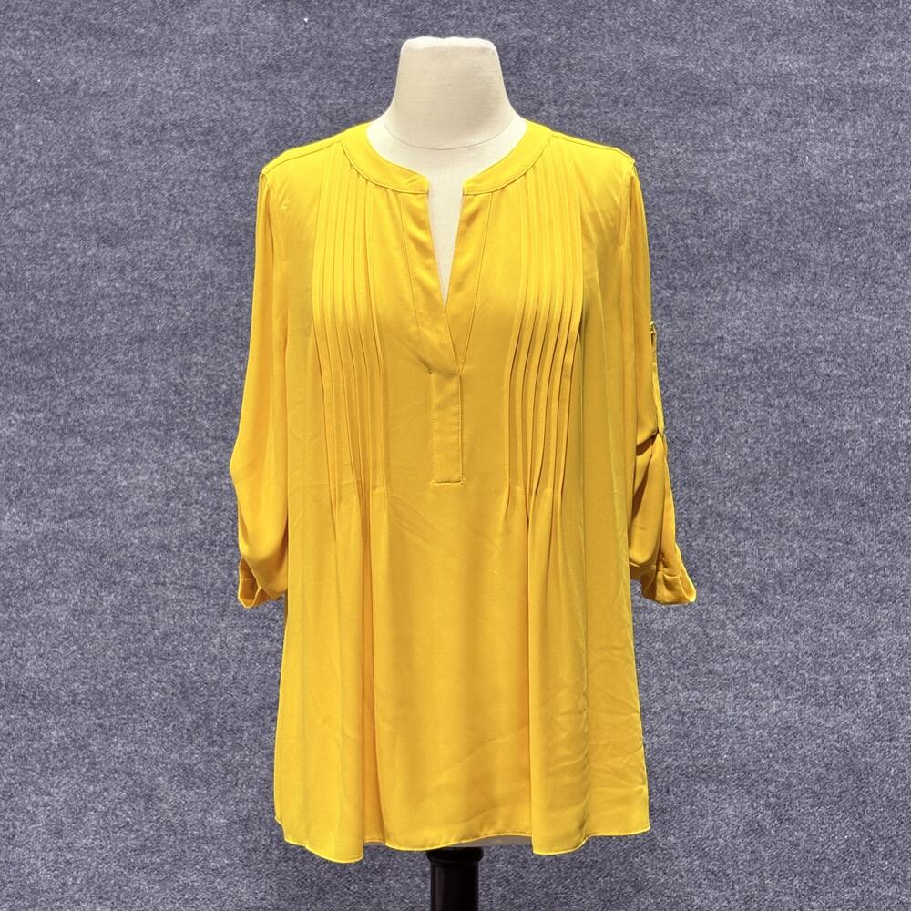 BCBGMAXAZRIA Tunic Shirt Womens Small Yellow Sunflower Pleated Long Sleeve Top